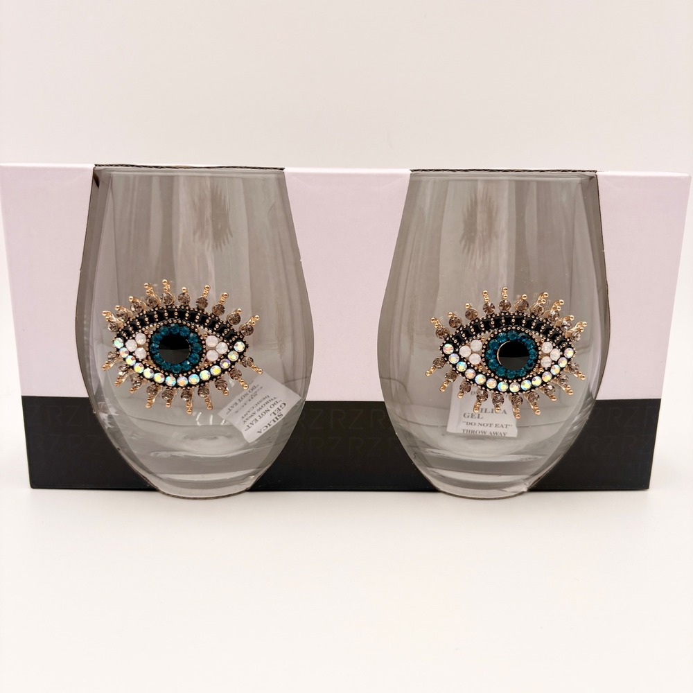 Rachel Zoe Set of 2 Evil Eye Embellished Stemless Wine Glasses Metaphysical‎